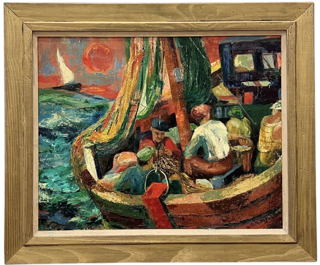 RUTH MCCONNELL FULTON (20th c, American) Fisherman On Boat, WPA Artist: Oil on canvas 30 x 24 in, 38 x 32 in (framed)