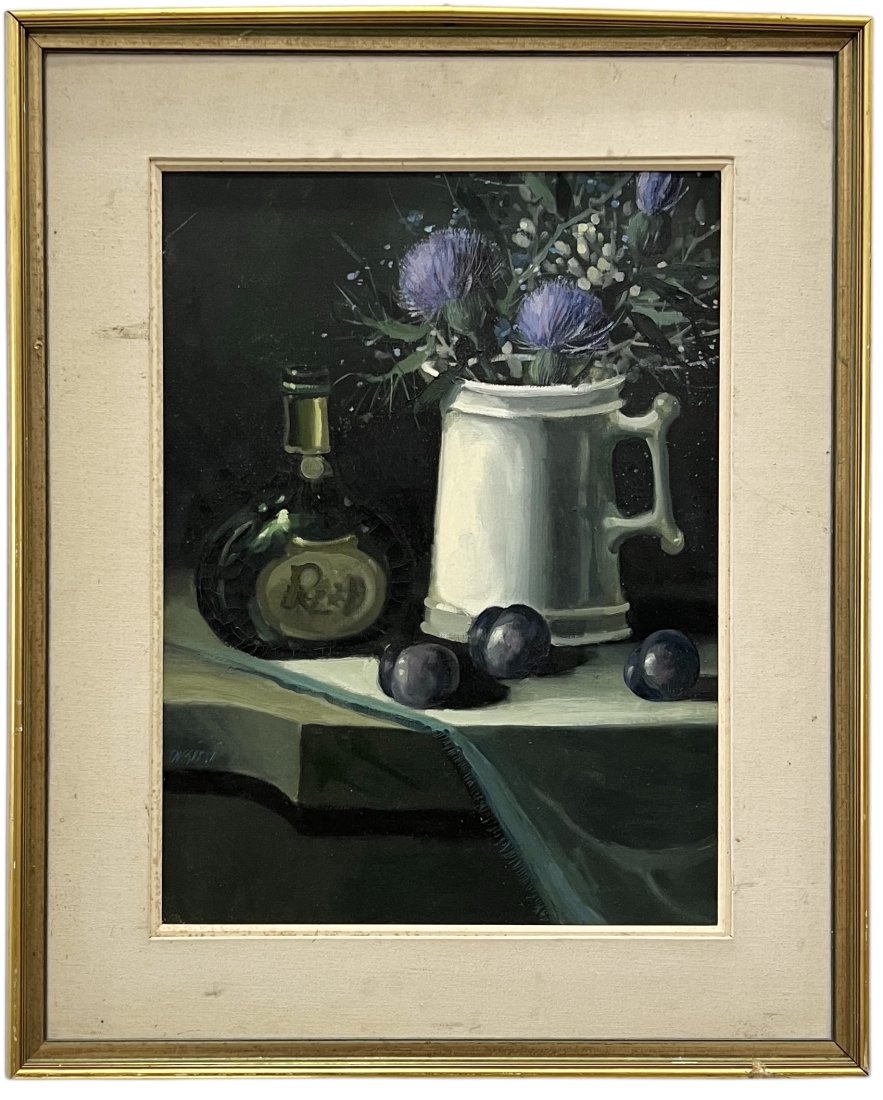 Vintage Impressionist Still Life Of Whiskey & Flowers, Signed Illegibly: Oil on board 29 x 23 in