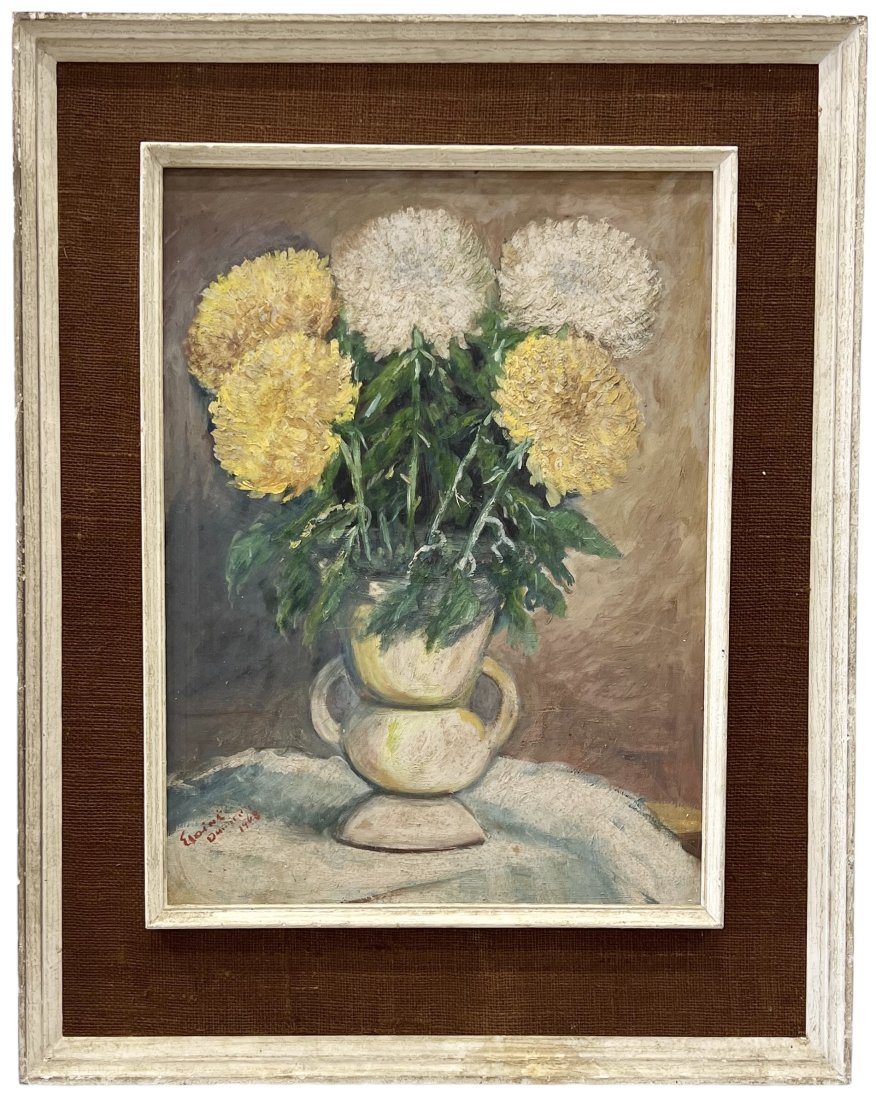 Vintage 1960's Modernist Still Life Of Flowers, Signed: Oil on board 29.5 x 23.5 in