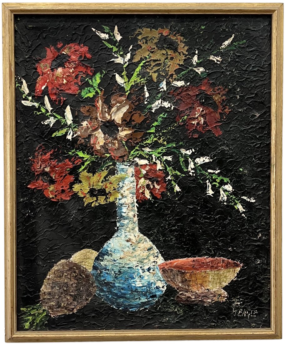Mid Century American Modernist Floral Still Life With Fruit, Signed: Oil on canvas 29 x 23 in