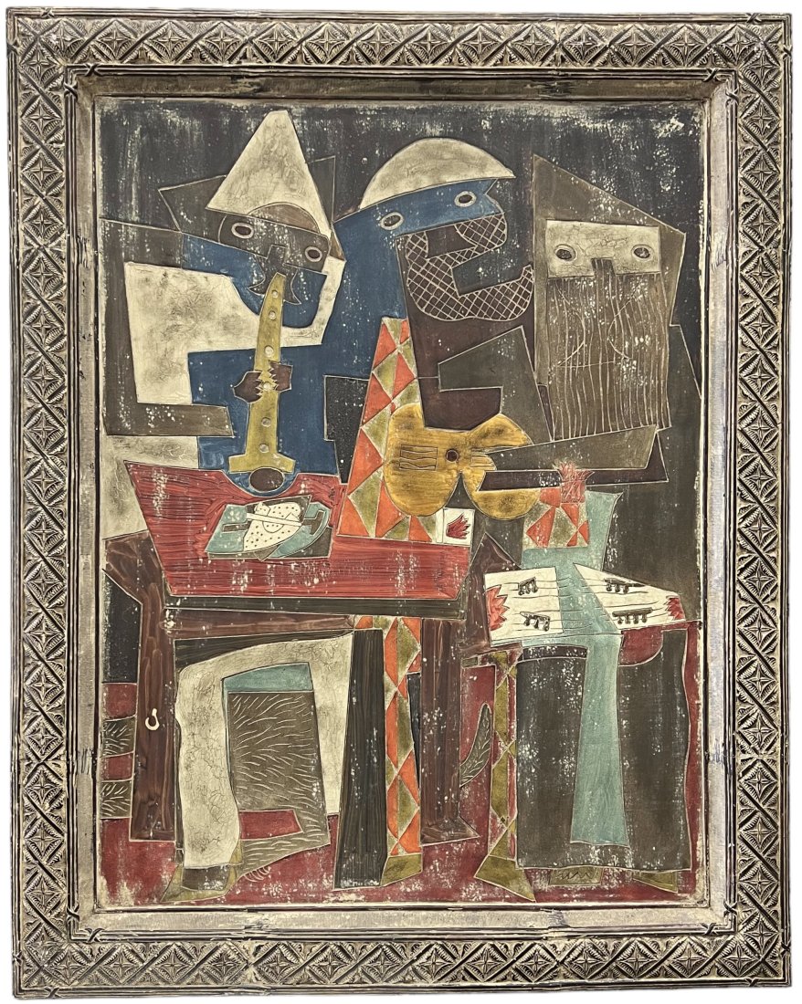 Vintage Inscribed Painted Wood Cubist Abstract Of Musicians, Signed Illegibly: 40 x 32 in framed