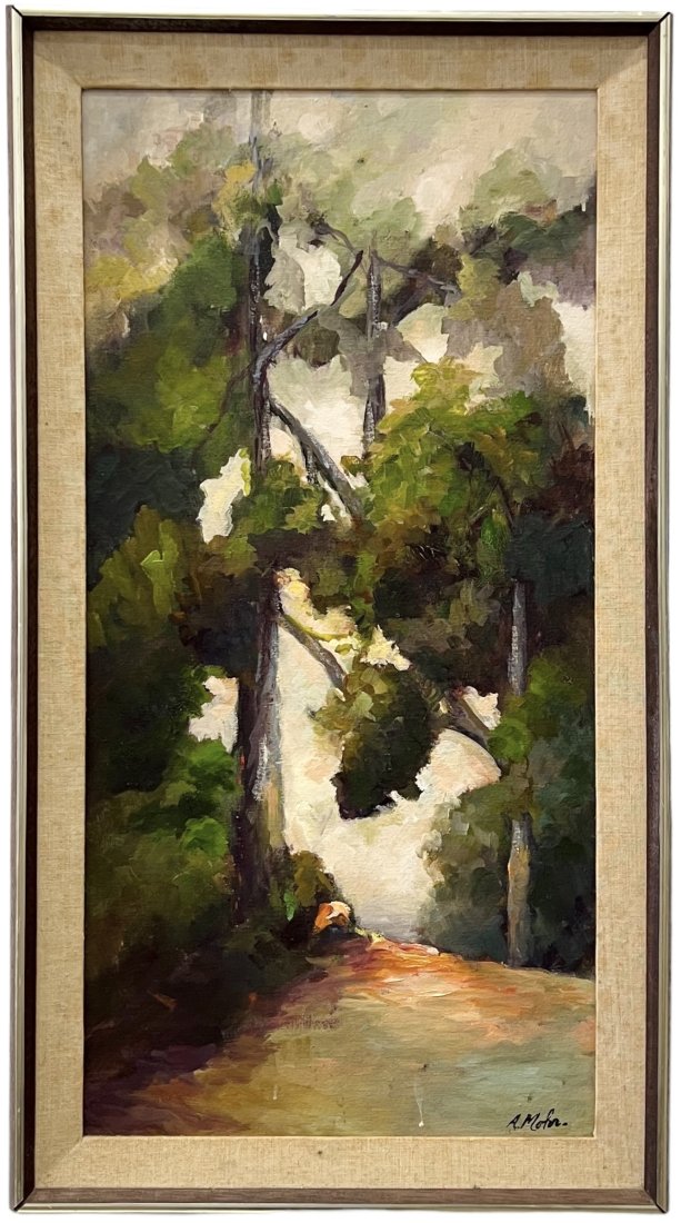 A. MOHR American California Plaskett, Big Sur Park Impressionist Forest Landscape: Oil on board 33.5 x 18.5 in (framed)