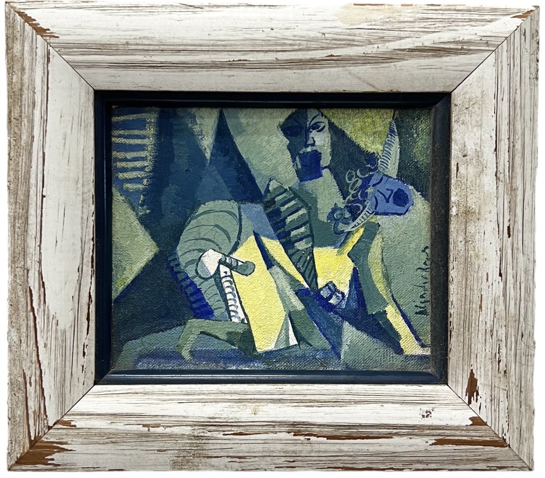 Mid-Century Latin American Cubist Abstract Signed, Dominican Republic Gallery Label: Oil on canvas 6 x 5 in, 9 x 8 in (framed)