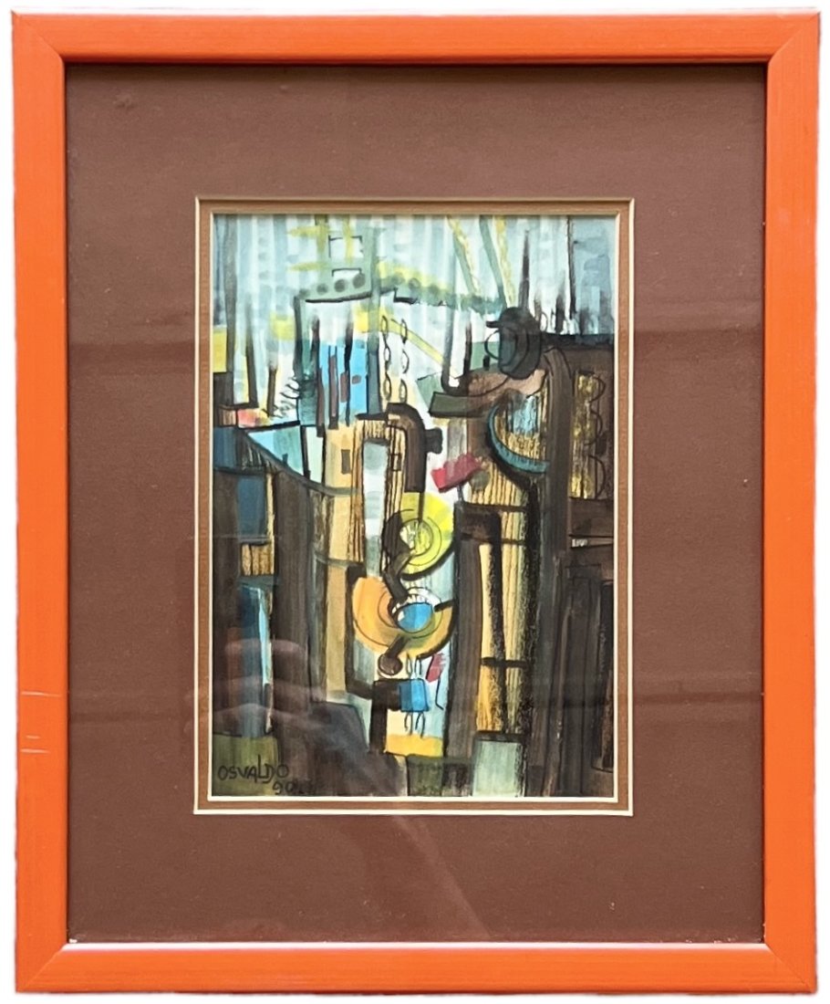 OSVALDO GUITIERREZ (1917-1997, Cuba) Abstract: Mixed media on paper 10 x 6 in, 13.5 x 11 in (framed)