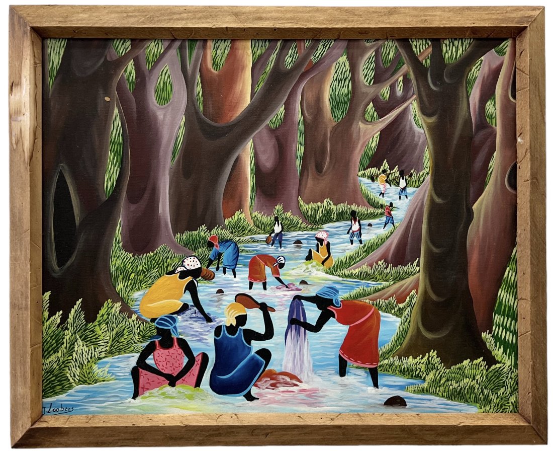 Large Naive Haitian River Landscape In Forest Signed Loobens: Oil on canvas 31 x 25 in, 33.5 x 27.5 in (framed)