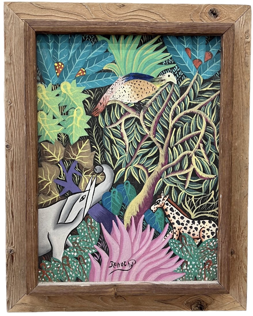 Vintage Naive Haitian Jungle Scene, Signed, Style Of Rousseau: Oil on canvas 17 x 13 in, 20 x 16 in (framed)