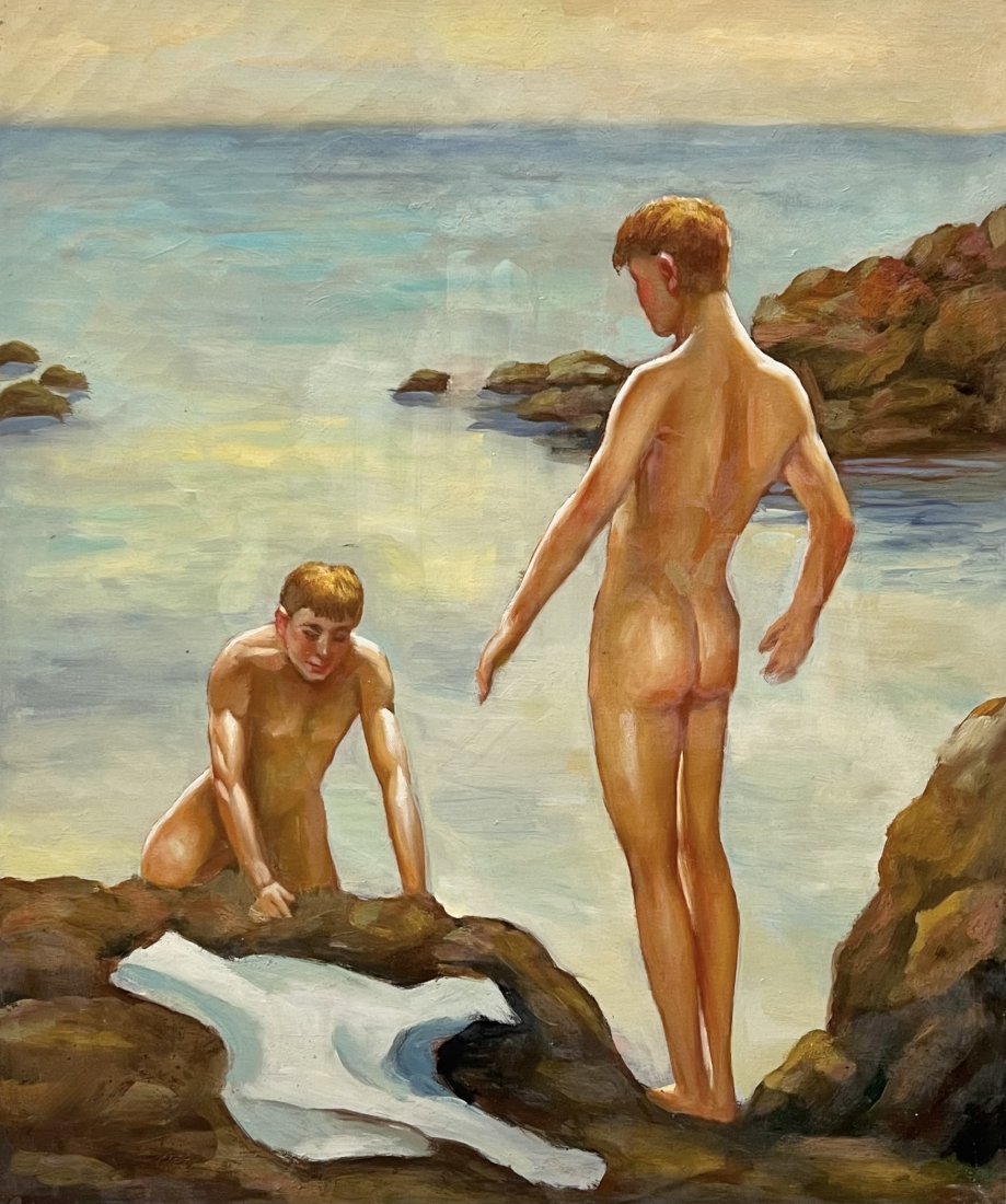 American Young Male Nude Bathers California Coastal Scene Painting, Unsigned: Oil on canvas 24 x 20 in