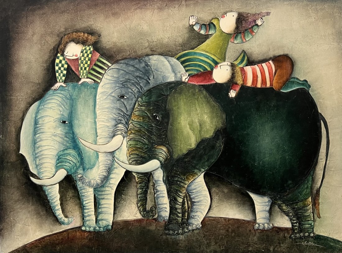 JOYCE ROYBAL, Children Playing With Elephants: Oil on canvas 48 x 36 in
