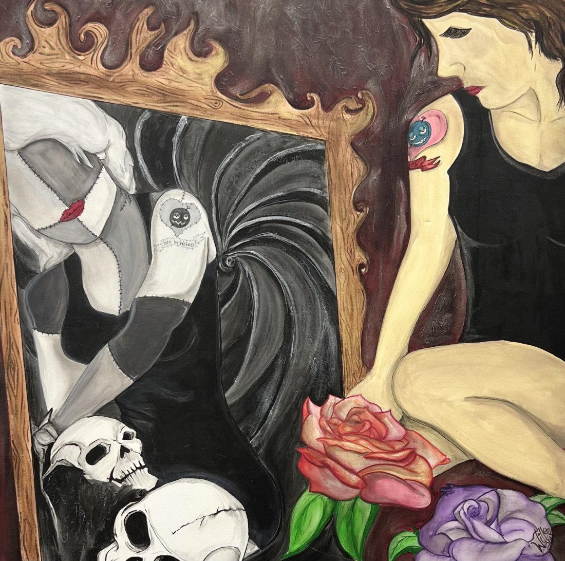 Dark Surrealism Sad Young Girl Looking In Mirror, Signed: Acrylic on canvas 36 x 36 in