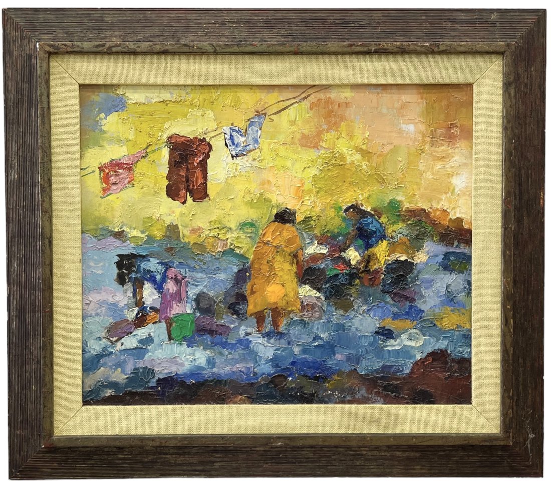 Vintage Mexican Modernist Painting Of Women Working, Unsigned: Oil on board 23 x 19 in, 31 x 27 in (framed)