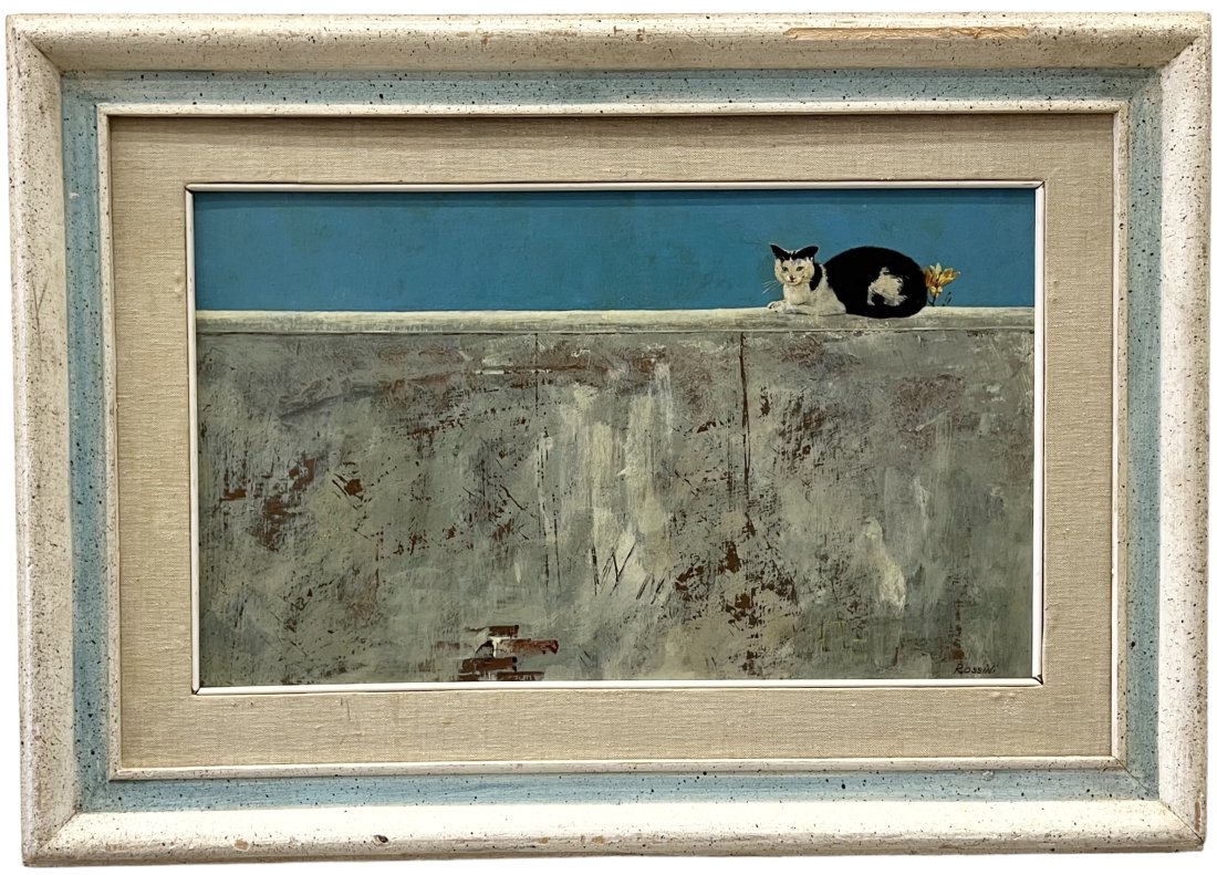 GASTONE ROSSINI (1920-2001, Italy) Cat On The Wall: Oil on masonite 20 x 12 in, 27 x 19.5 in (framed)