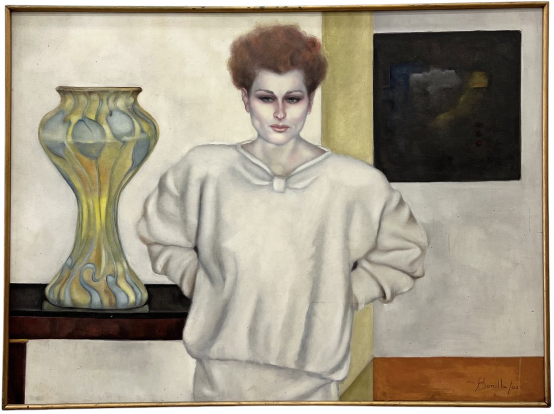 1980's Realist Portrait Of A Woman Signed Bonilla: Oil on canvas 46 x 34 in