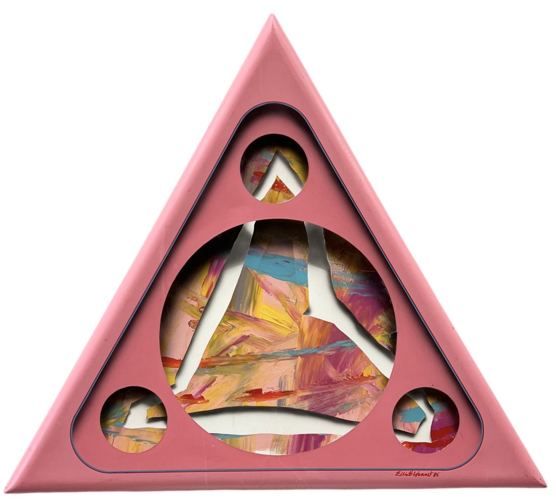 1980's Memphis Style Post Modern Pink Triangle Painting On Formed Canvas, Signed: 21 x 21 in