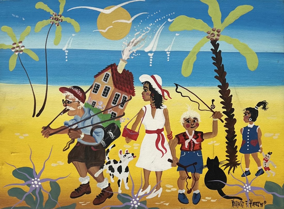 HERBERT F. HOFER "Going On A Great Vacation" Beach Scene: Acrylic on canvas 16 x 12 in