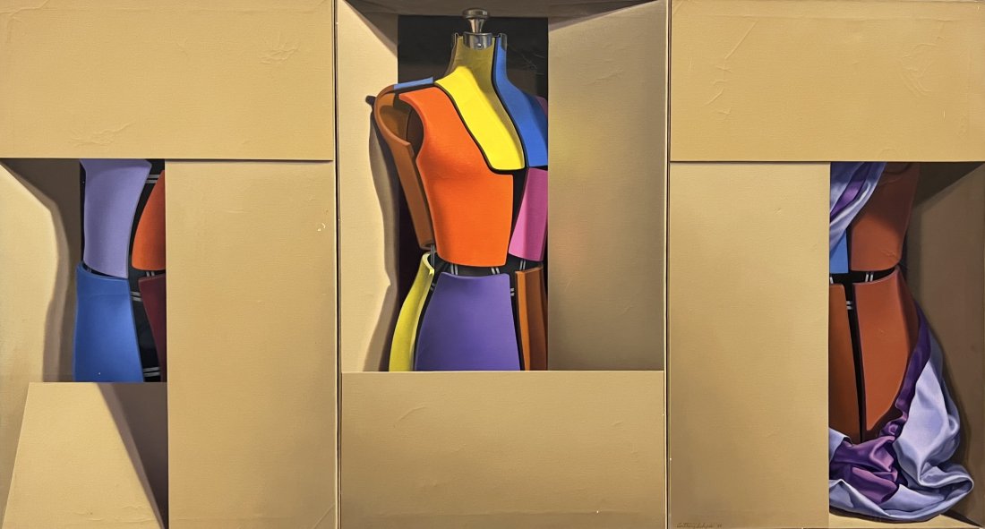 ANTHONY SCHEPIS (20th c, Ohio) Trompe-l'œil Triptych, Cleveland Artist 66 x 36" (1 of 7)