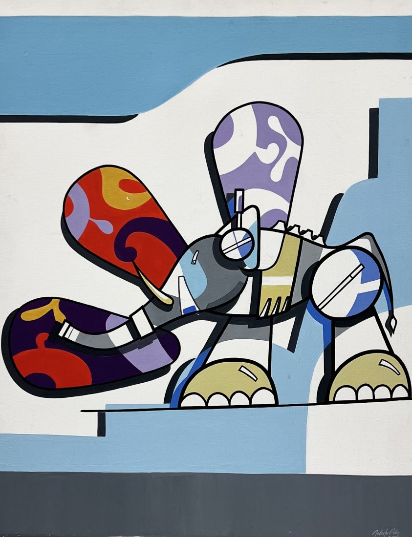 Contemporary Acrylic Painting Titled "Electric Elephant", Signed: 28 x 22 in