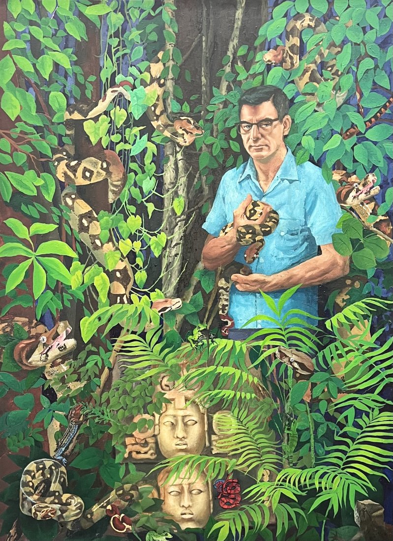 Large Symbolist Painting Of A Man With Pythons In The Jungle: Oil on canvas 52 x 39 in (framed)
