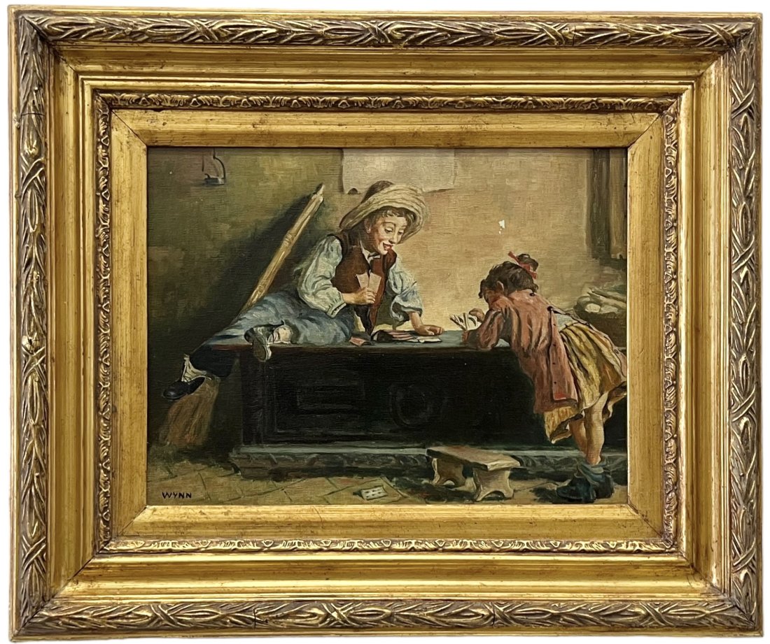 American School Painting Of Children Playing Cards, Signed: Oil on canvas 12 x 16 in