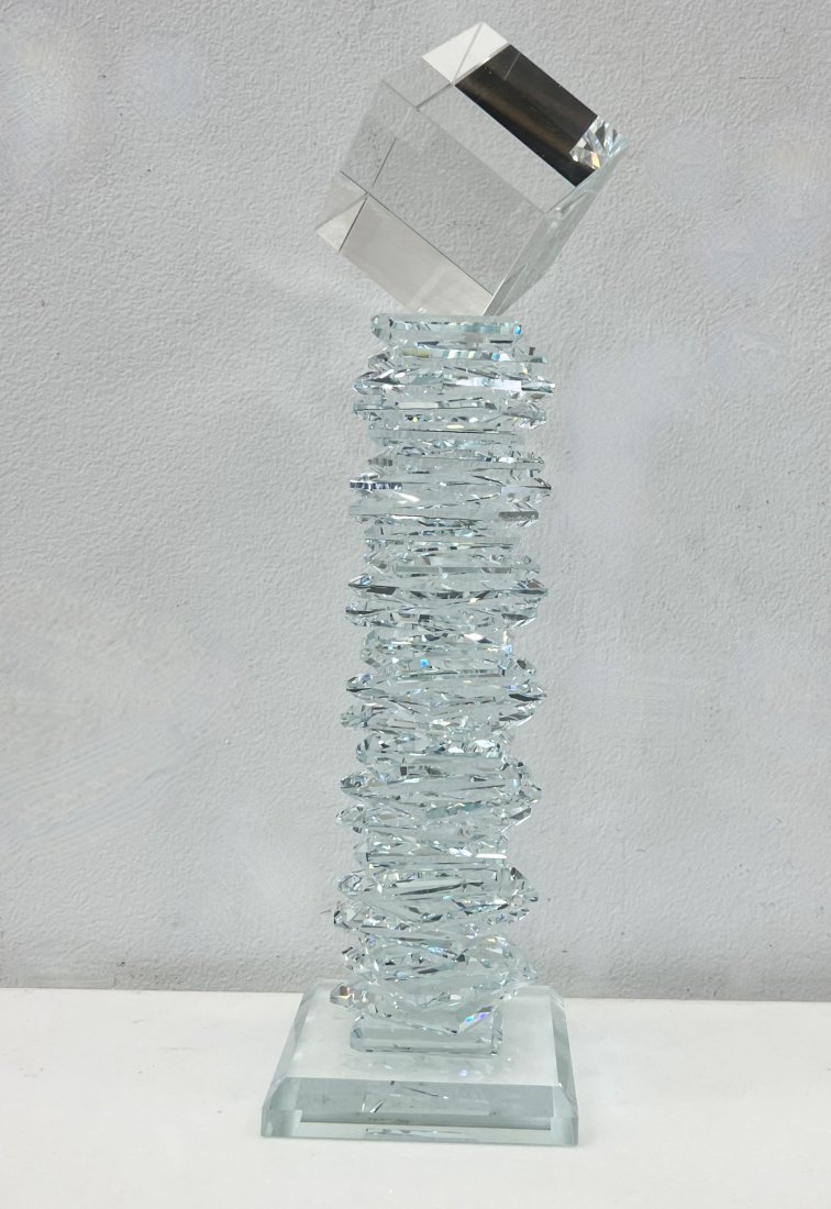 Contemporary Stacked Crystal Glass Sculpture: 13 x 3.5 x 3.5 in