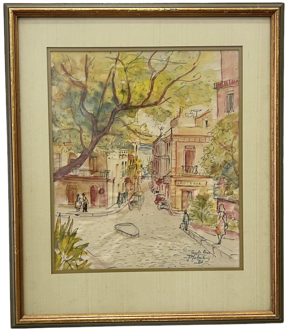 Vintage Modernist Street Scene Of San Juan, Puerto Rico, Signed: Watercolor 16 x 14, 24 x 20 in (framed)