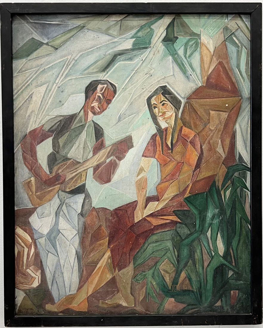 Mid-Century Latin American Cubist Serenade Musical Courting Scene, Signed (1 of 5)