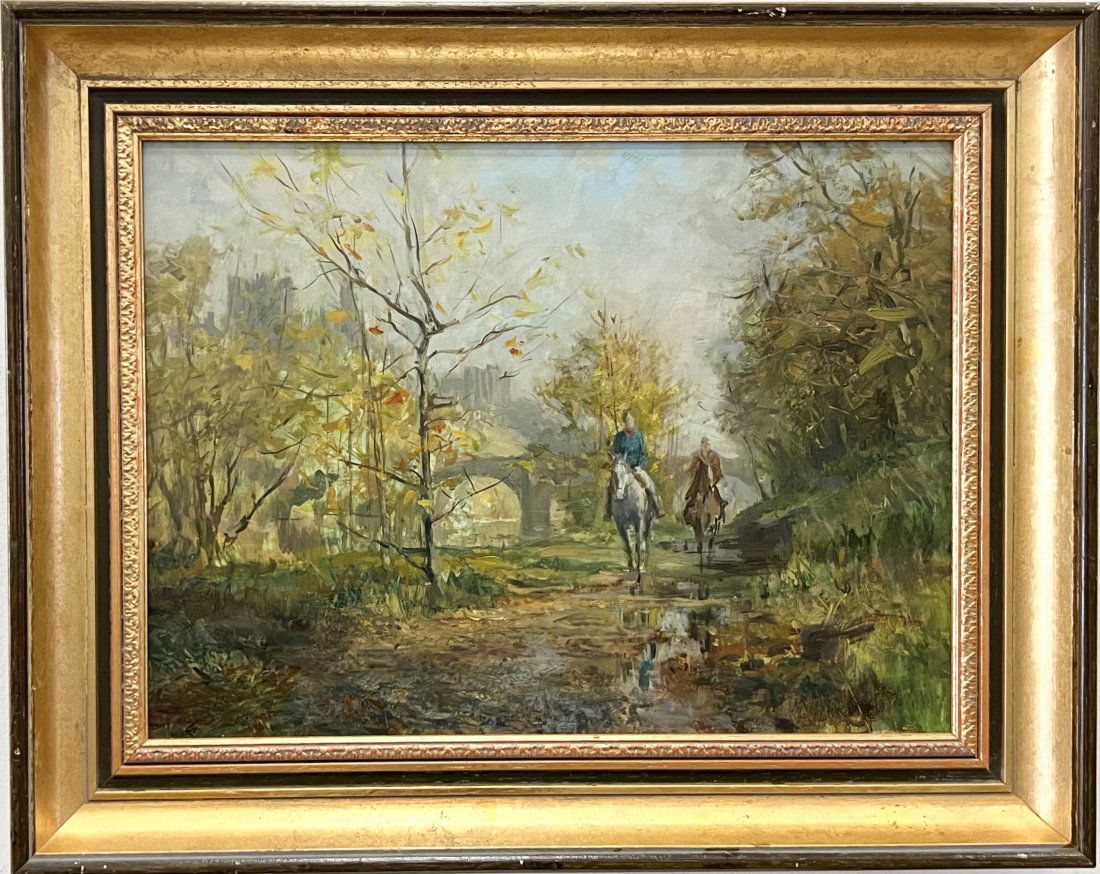 British School Impressionist Horseback Riding Forest Landscape w/ Castle, Unsigned (1 of 5)