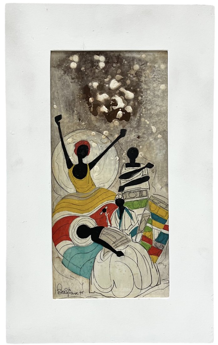 Vintage 1970's Modernist Haitian Voodoo Painting, Signed: Oil on board 20 x 12.5 in (framed)