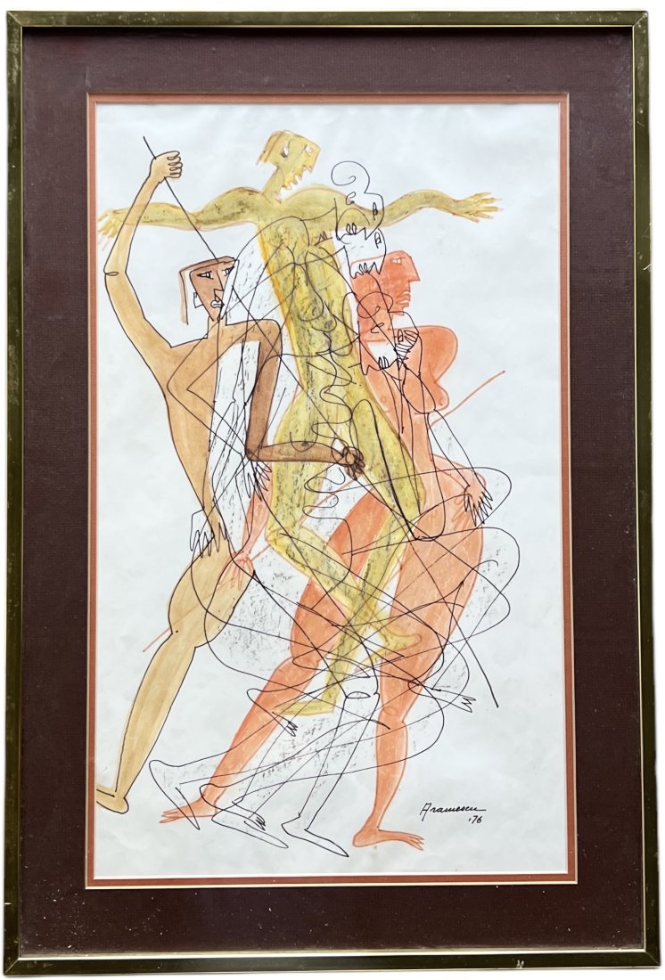 GEORGETA GIGI ARAMESCU (1910-1994, Romanian American) Cubist: Mixed media on paper 22.5 x 13.5 in, 28 x 19 in (framed). Georgeta (Gigi) Aramescu Anderson was born in Romania in 1910. She received a law degree from the University of Grenoble, France, and studied 