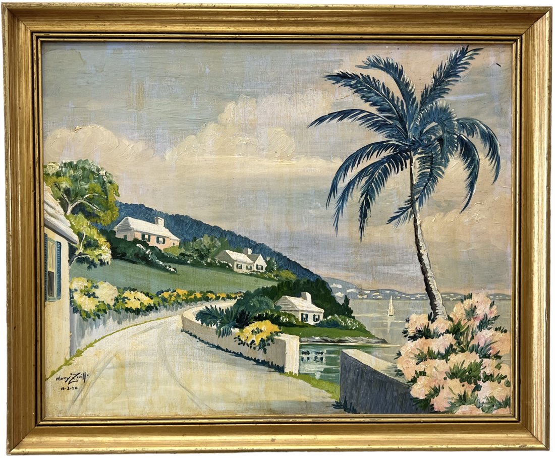 MARY ZUILL (1916-1971, Bermuda) Coastal Landscape: Oil on board 20 x 16 in, 22.5 x 18.5 in (framed)