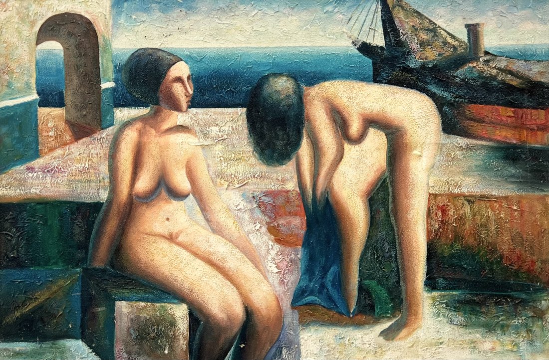 European School Modernist Painting Of Nude Bathers: Unsigned. Oil on canvas 36 x 24 in