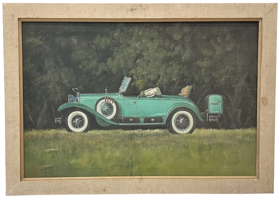 Vintage American School Painting Of An Antique Cadillac Car Signed Novak: Oil on canvas 36 x 24 in, 41 x 29 in (framed)