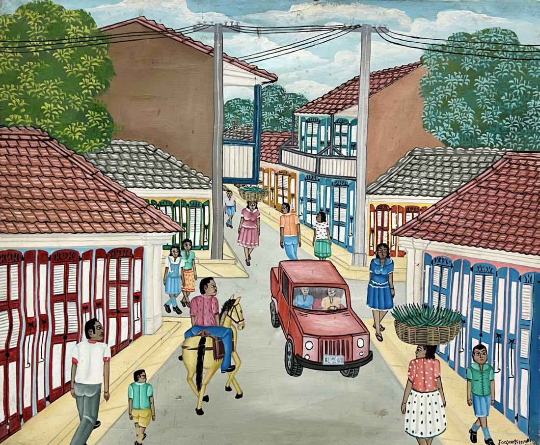 JACQUES PIERRETTE (20th c, Haiti) Cap Haitien Village Scene: Oil on canvas 24 x 20 in