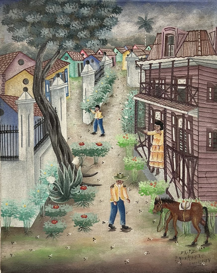 FRITZ MONPLAISER (20th c, Haiti) Cap-Haitien Village Scene: Oil on canvas 20.5 x 16.5 in
