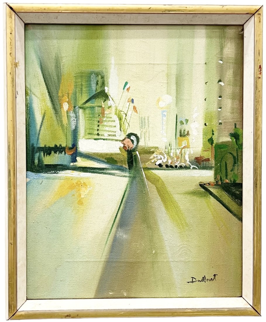 Vintage French Modernist City Street Scene, Signed: Oil on canvas 10 x 8 in