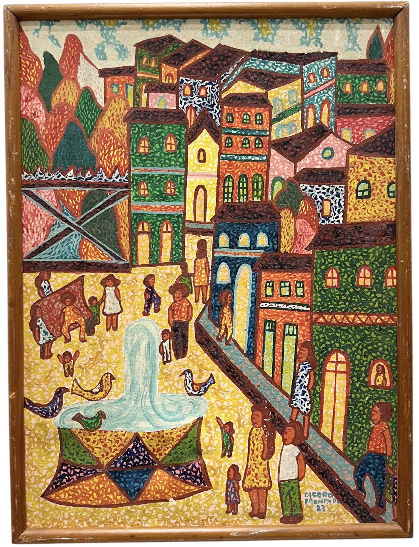 CICERO MONTEIRO (20th c, Brazil) Self Taught Naive Village Scene , Sao Paulo Artist (1 of 3)
