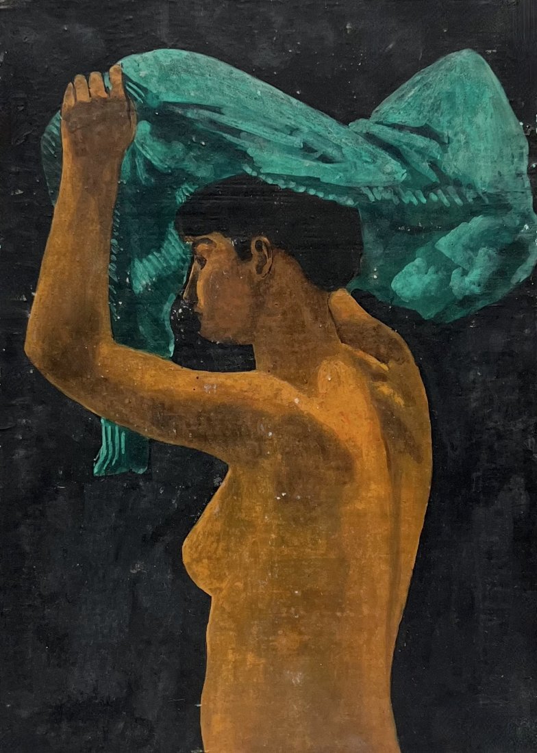 Mid-Century Mexican Modern Nude Woman Painting: Appears unsigned, looks like an old label is missing from the back. Artist unknown. Mixed media on board 16 x 11.5 in
