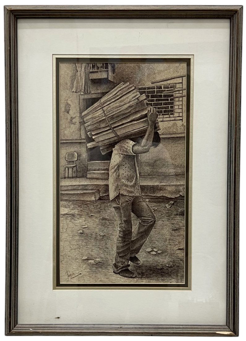 Nicely Framed Charcoal Drawing Realist Street Scene Nicaragua 1983, Signed (1 of 3)