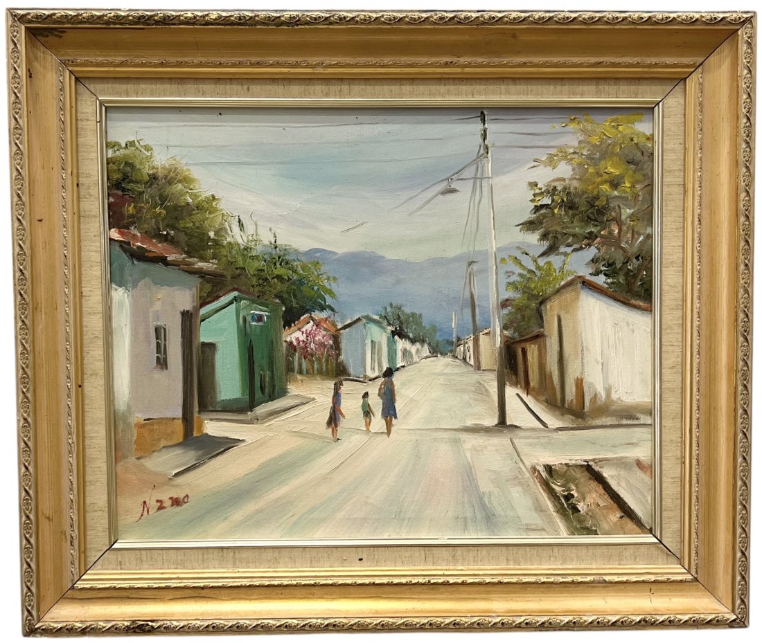 NANO VILLANUEVA (20th c, Colombia) Calle De Cartagena, Impressionist Street Scene 1980: Oil on canvas 19.5 x 16 in, 25 x 21 in (framed)