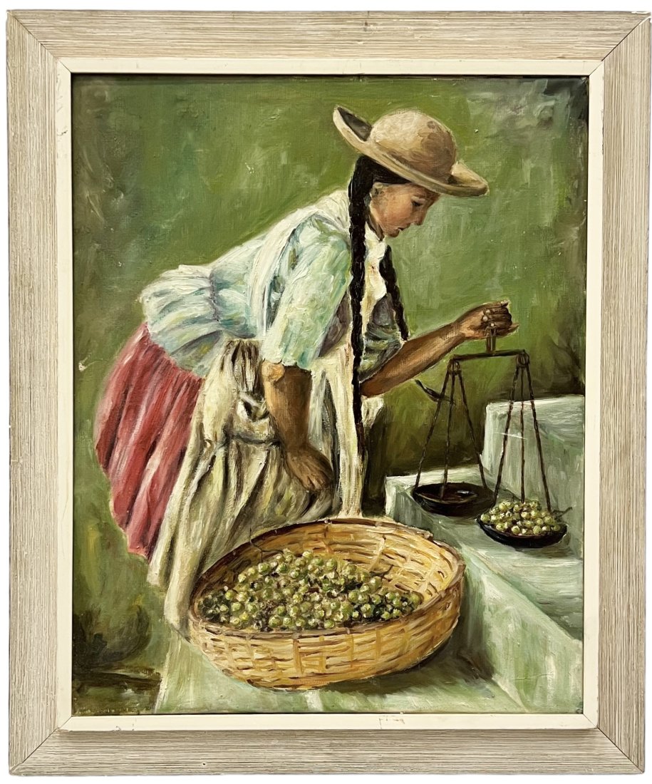 Vintage Painting Of A Young Woman Weighing Grapes Imported From Santiago, Chile: Oil on canvas 20 x 16 in, 23 x 20 in (framed)