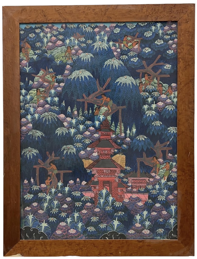 Vintage Indonesian Balinese Naive Folk Art Painting, Signed: 35 x 26 in, 40.5 x 30.5 in (framed)