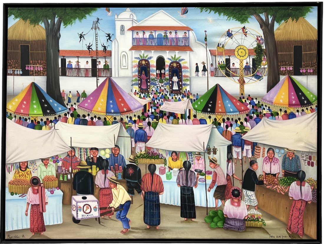 MARIANO MARIO GONZALEZ CHAVAJAY (20th c, Guatamala) Atitlan: Mariano Mario Gonzalez Chavajay. Known for Tz'utuhil Maya art. Oil on canvas 41 x 31 in (framed)