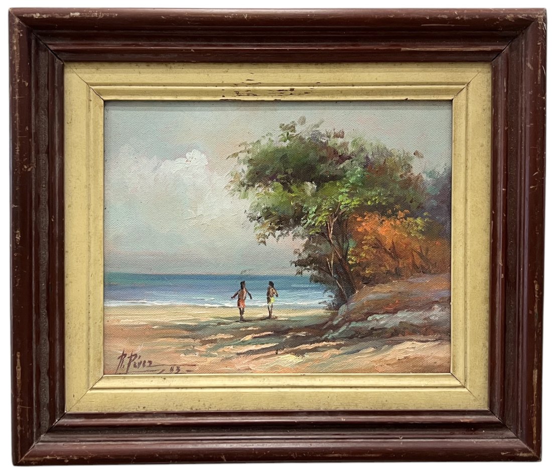 Colombian Impressionist Beach Scene Cali, Colombia Gallery Label Signed: Oil on canvas 10 x 8 in, 14 x 12 in (framed)