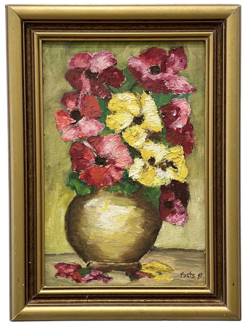 Vintage German School Still Life If Flowers, Signed: Oil on board 14.5 x 11 in (framed)
