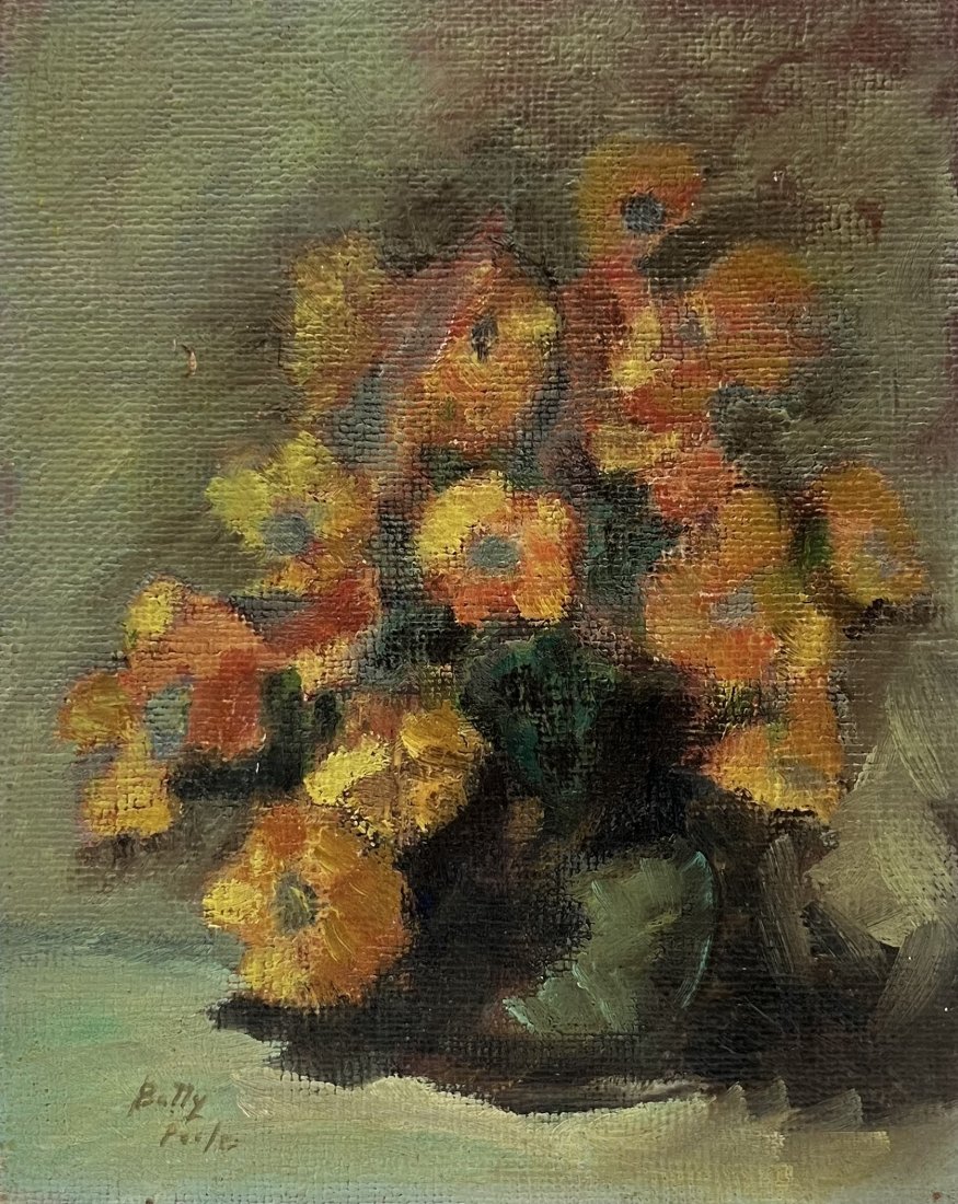 Mid-Century American Impressionist Still Life Of Flowers, Signed: Oil on masonite 10 x 18 in