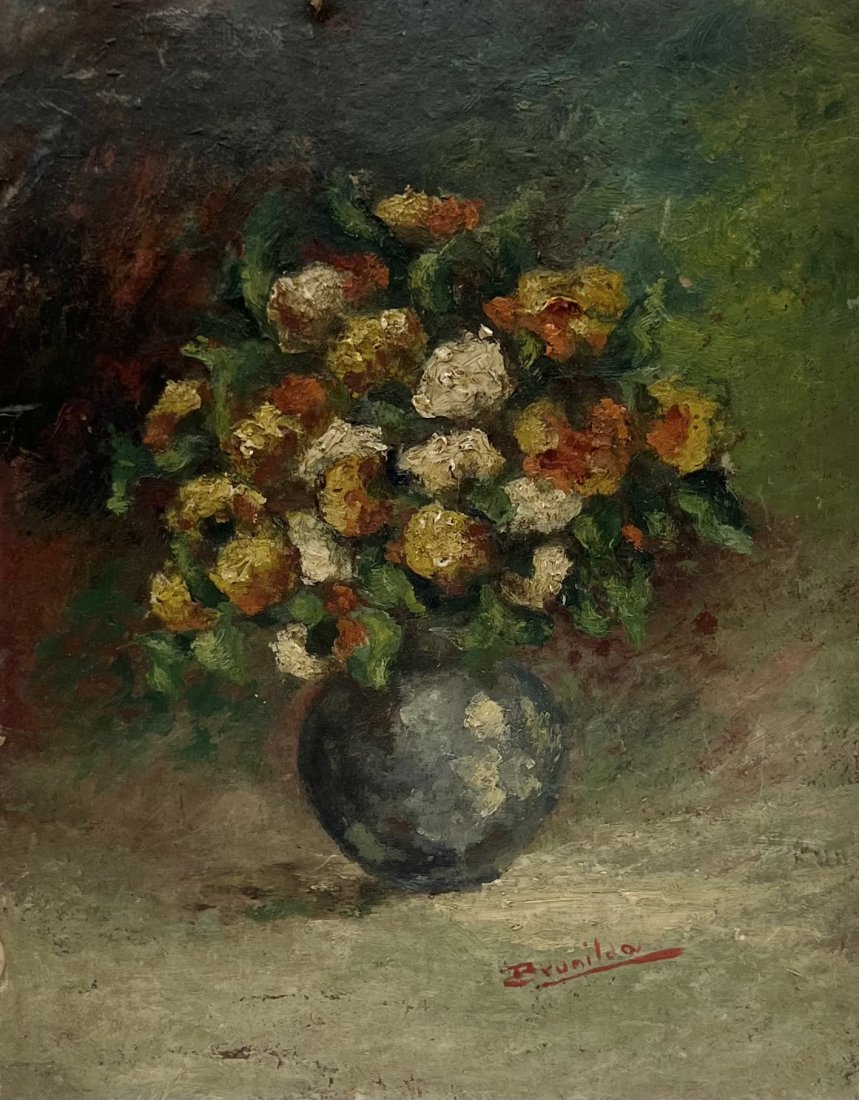 Early 20th Century Latin American Impressionist Still Life Of Flowers, Signed: Oil on panel 11.5 x 9.5 in