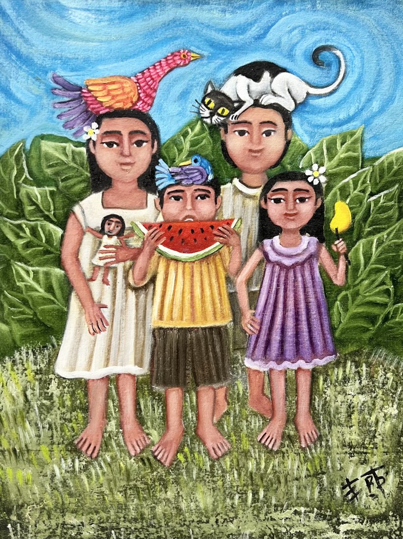 Mexican Folk Art Children With Cat, Rooster and Watermelon, Signed: Oil on masonite 16 x 12 in