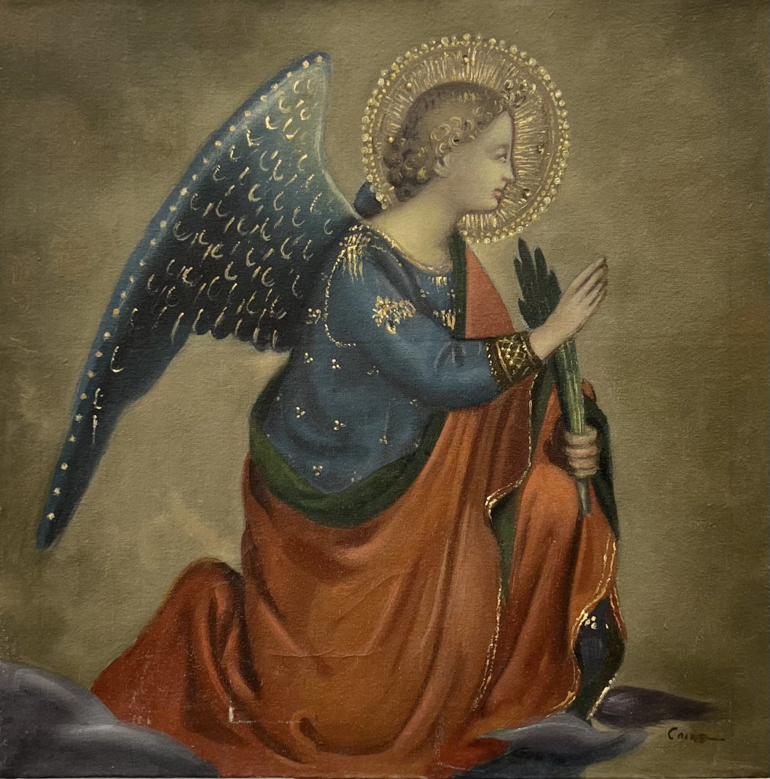 Valentin Cruz (20th c Mexico) Tixcocob, Yucatan Artist, St Michael: Oil on canvas 11 x 11 in