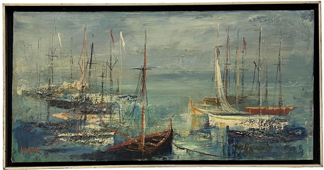Italian School Impressionist Nautical Seascape Boats In Harbor, Signed (1 of 3)