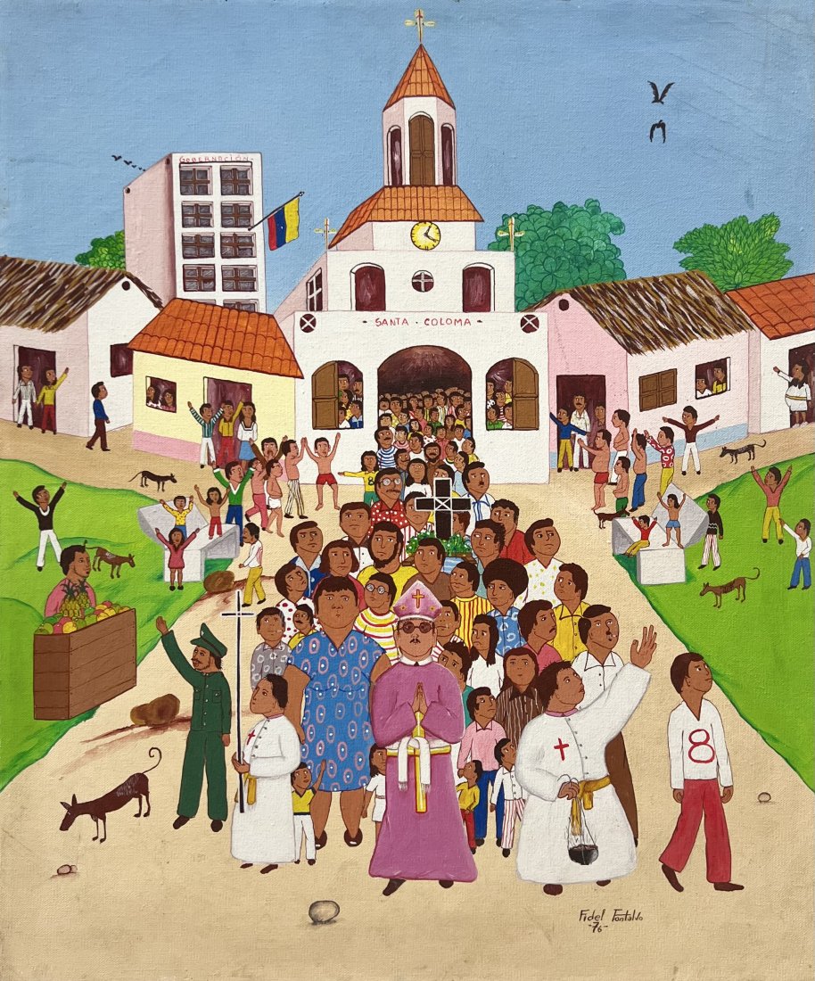 FIDEL FONTALVO (20th c, Venezuela) Santa Coloma, Folk Art 1976: Oil on canvas 23.5 x 19.5 in