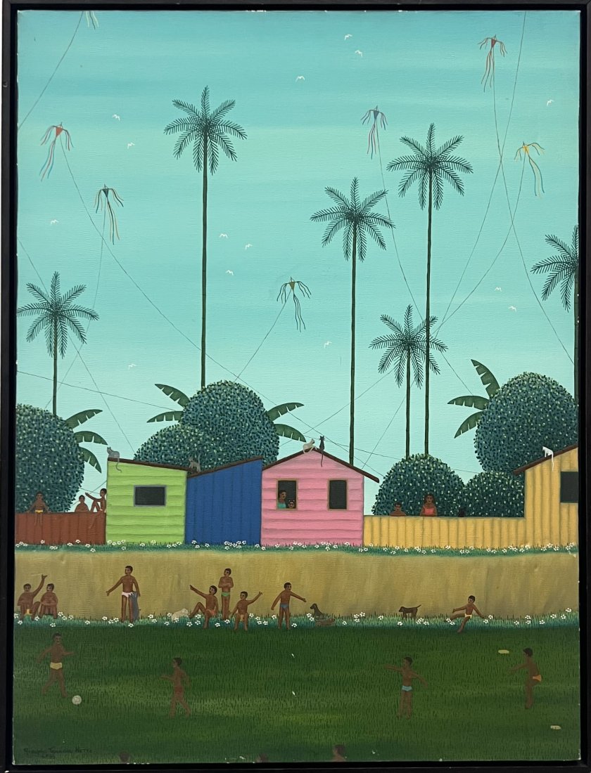 RODOLPHO TAMANINI NETTO (20th c, Brazil) Naive Landscape Figures w/ Cats: Rodolpho Tamanini Netto. Oil on canvas 31.5 x 23.5 in, 33 x 25 in (framed)